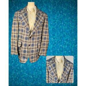 Vintage 70s Tan Powder Blue Check Leisure Suit Warm Weather Blazer 44"